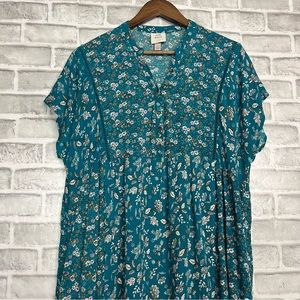 Knox Rose Midi Length Dark Teal Coastal Blue Floral Bohemian Hippie Dress Sz L